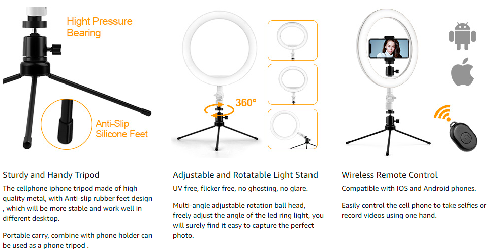 10.2 Ring Light with Tripod Stand & Phone Holder, Dimmable Desk Led Ring Light for Live Streaming YouTube Video Tiktok, OldShark Selfie Ring Light 3 Colors & 10 Brightness