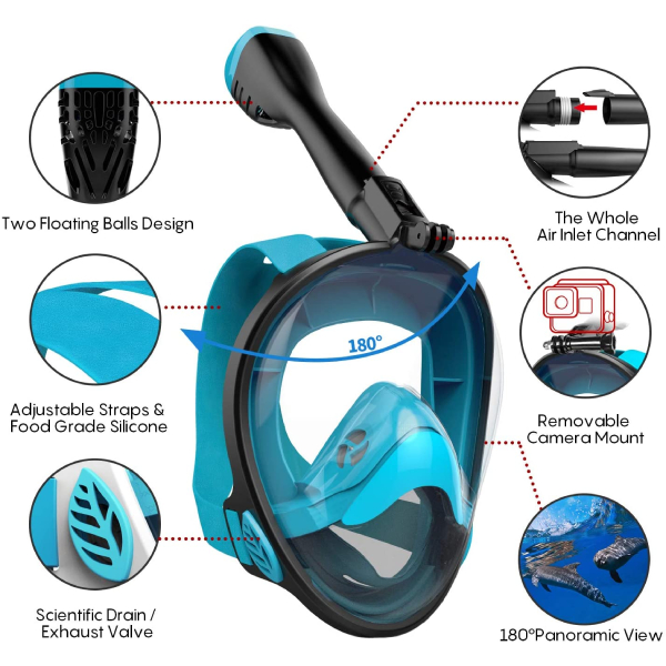 _Aegend Full Face Snorkel, 180°Panoramic Larger View Snorkel Set Anti-Leak, Detachable Camera Mount, Fit for Adult Youth Kids-
