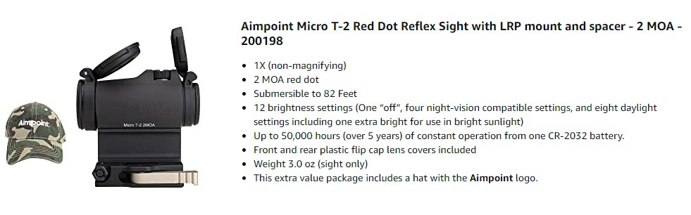 Aimpoint Micro T-2 Red Dot Reflex Sight with Mount, Spacer and Hat ...