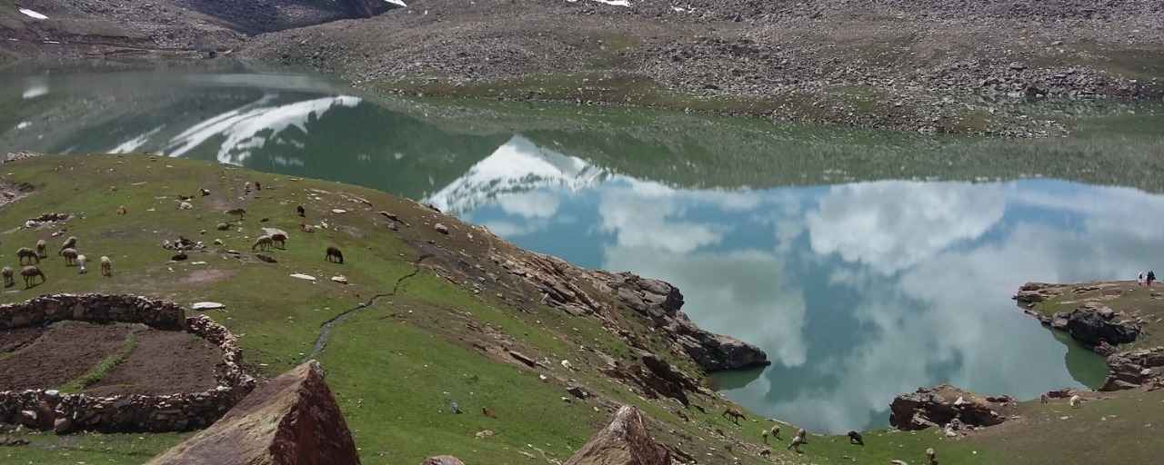 Clear and blue Dudipatsar lake with green landscapes